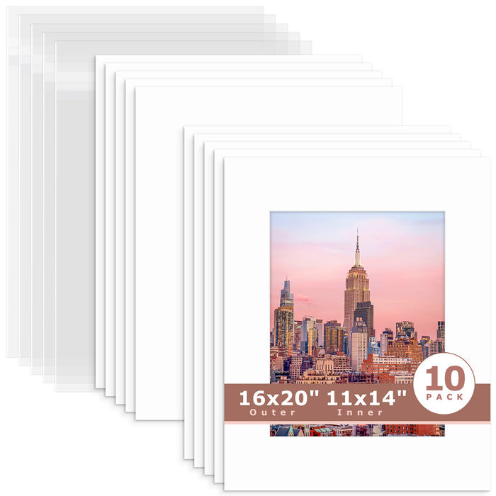 10 Pack 16x20 Whitecore Economy Pre-Cut Mat for 11x14 Photo+ Backing + Bag N501 White