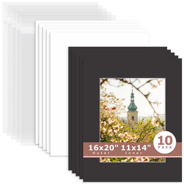 10 Pack 16x20 Whitecore Economy Pre-Cut Mat for 11x14 Photo+ Backing + Bag N142 Tricom Black