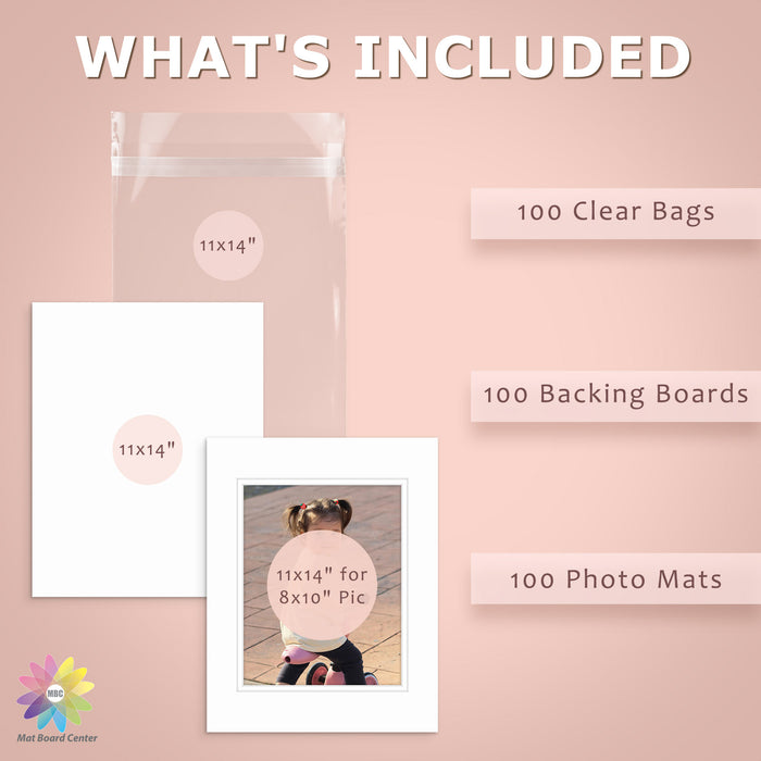 100 Pack 11x14 Double Mat For 8x10 Photos + Backing + Bag