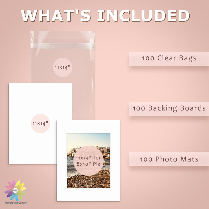 100 Pack 11x14 Whitecore Pre-Cut Mat Board + Backing + Bag