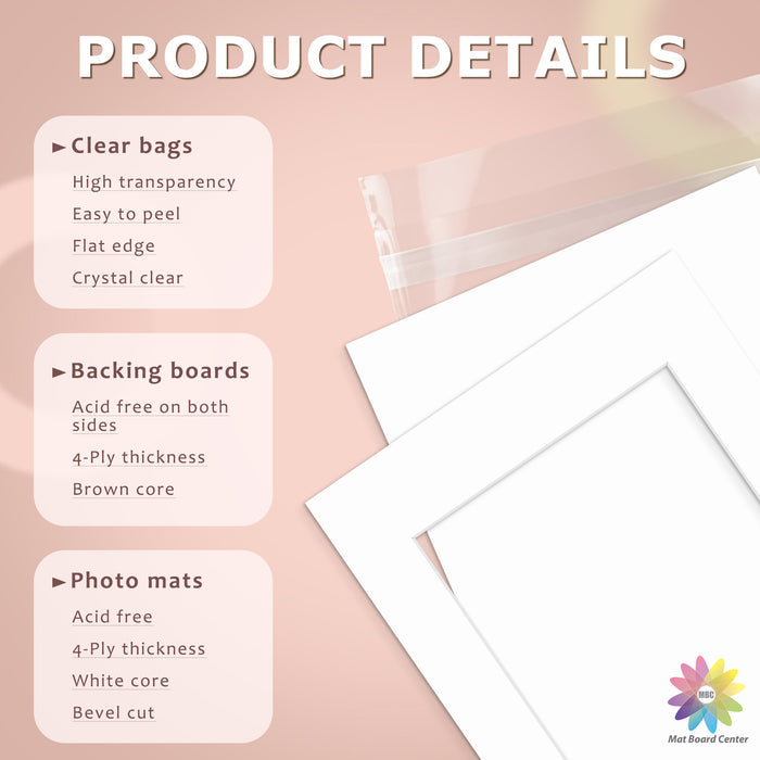 100 Pack 11x14 Whitecore Pre-Cut Mat Board + Backing + Bag