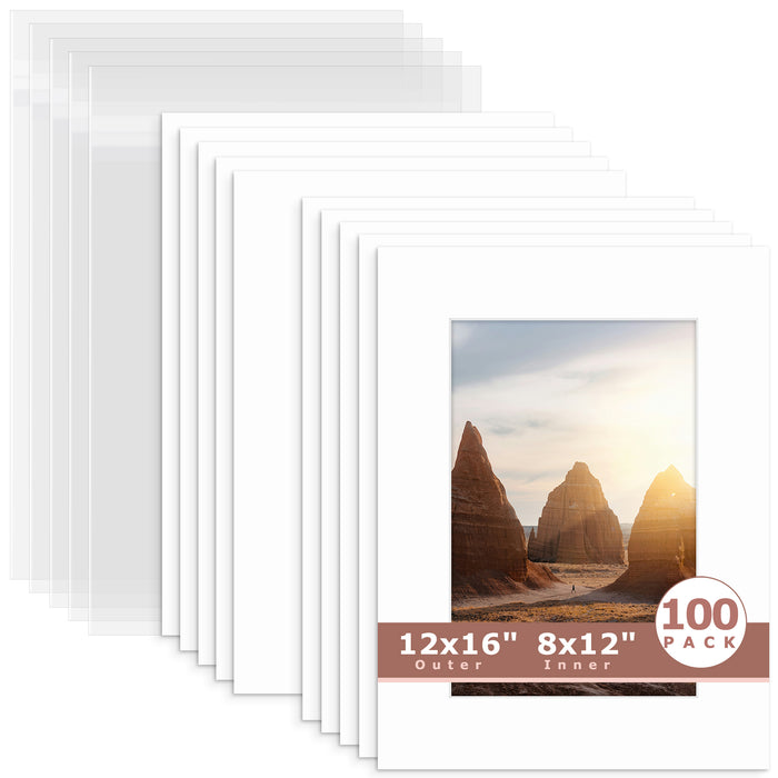 100 Pack 12x16 Picture Mats For 8x12 Photos + Backing + Bag N501 White