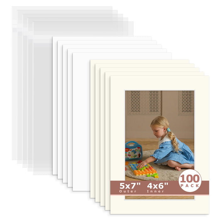 100 Pack 5x7 Whitecore Economy Pre-Cut Mat For 4x6 Picture + Backing + Bag N104 Ivory Turret