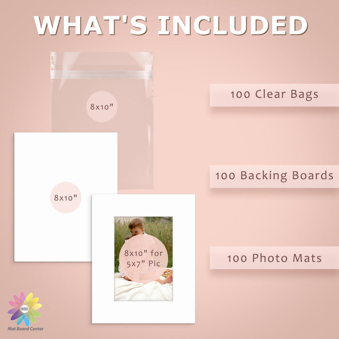 100 Pack 8x10 Whitecore Economy Pre-Cut Mat Board + Backing + Bag