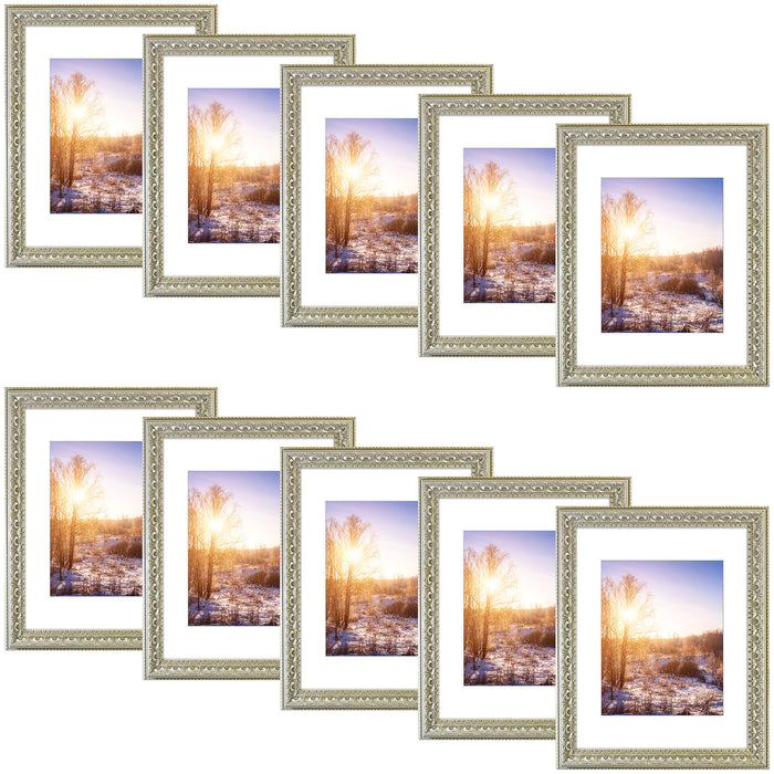 11x14 Ornate Picture Frame for 8x10 Photo with White Mat and Real Glass Silver Beige Color (10 Pcs per Box)