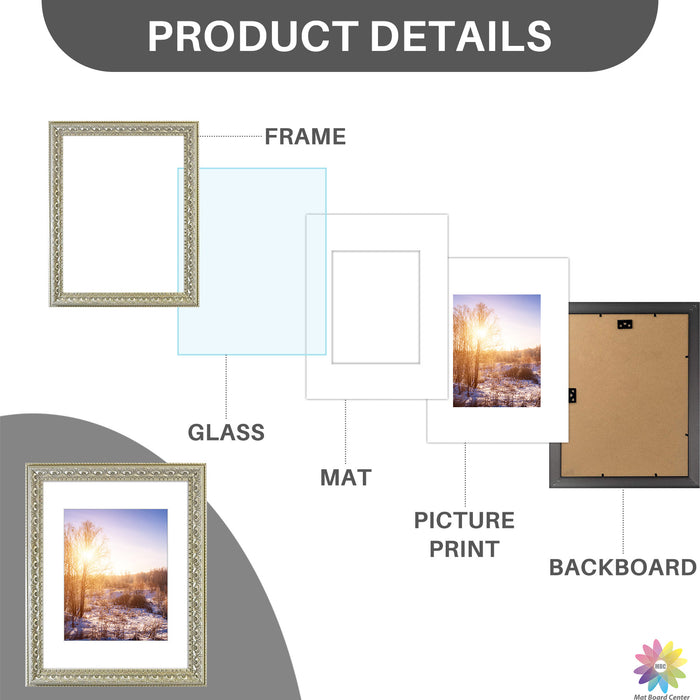 11x14 Ornate Picture Frame for 8x10 Photo with White Mat and Real Glass Silver Beige Color (10 Pcs per Box)