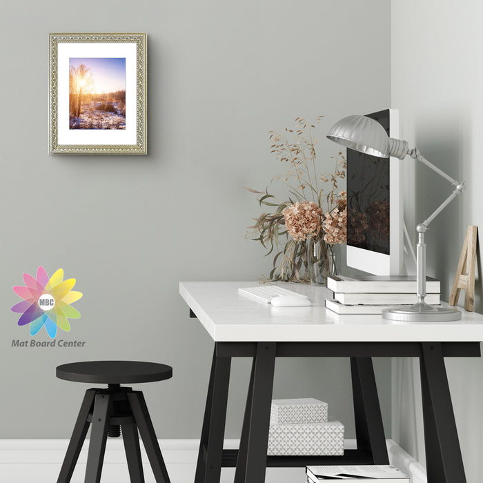 11x14 Ornate Picture Frame for 8x10 Photo with White Mat and Real Glass Silver Beige Color (10 Pcs per Box)