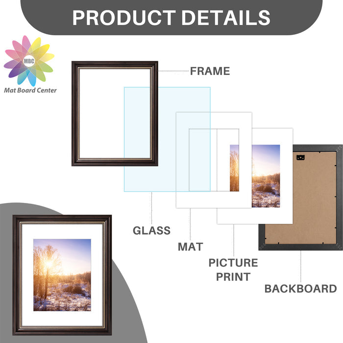 11x14 Ornate Picture Frame with White Mat for 8x10 Photo Brown and Ornate Gold Color (10 Pcs per Box)