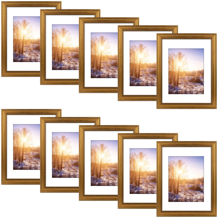 11x14 Picture Frame for 8x10 Picture with White Mat and Real Glass Dark Gold Color (10 Pcs per Box)