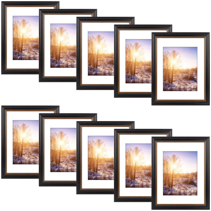 11x14 Picture Frame with White Mat for 8x10 Pictures Black with Burgundy and Gold Trim (10 Pcs per Box)