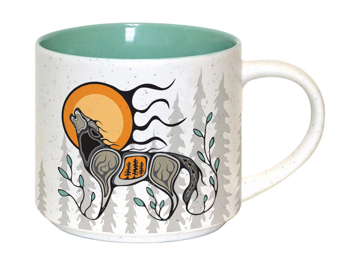 16 oz Wolf (Ma’iingan) indigenous art mug by Storm Angeconeb Canada