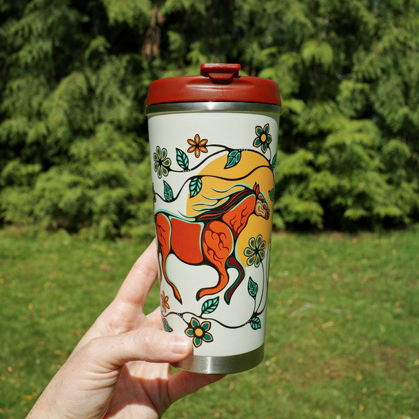 18 oz Travel indigenous art mug by Storm Angeconeb Canada