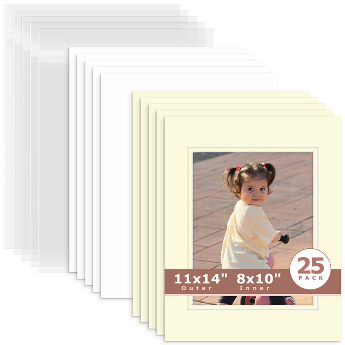 25 Pack 11x14 Double Mat For 8x10 Photos + Backing + Bag Ivory Ivory
