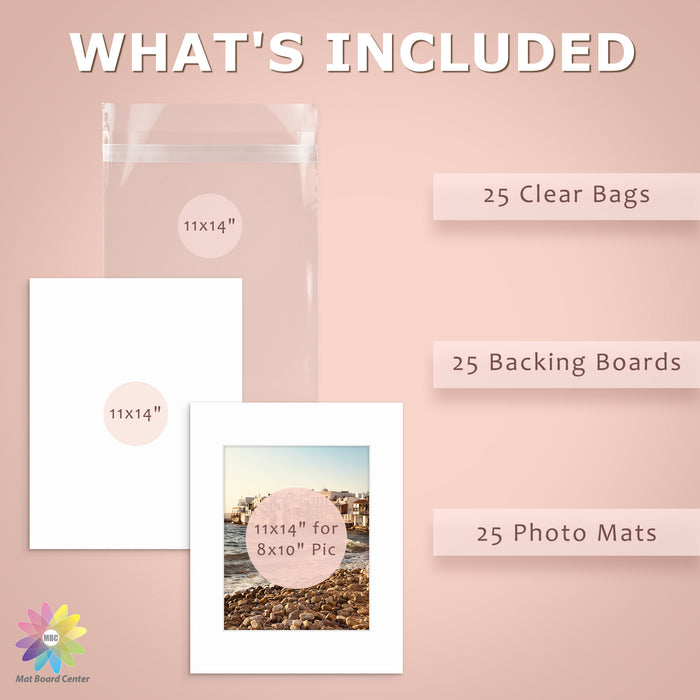 25 Pack 11x14 Whitecore Pre-Cut Mat Board + Backing + Bag