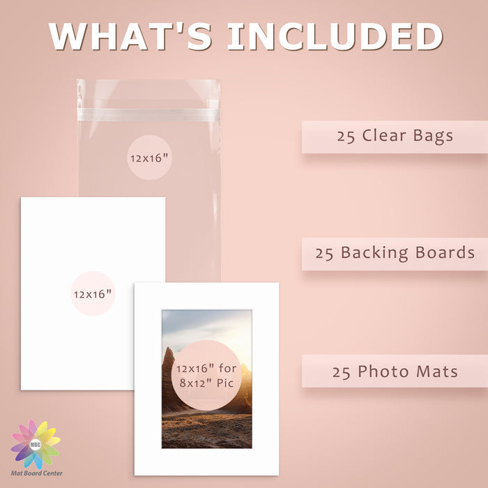 25 Pack 12x16 Picture Mats For 8x12 Photos + Backing + Bag