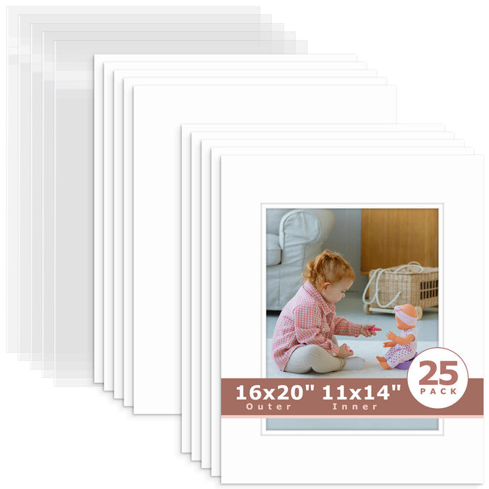 25 Pack 16x20 Economy Pre-Cut Double Mat For 11x14 Photo + Backing + Bag White White