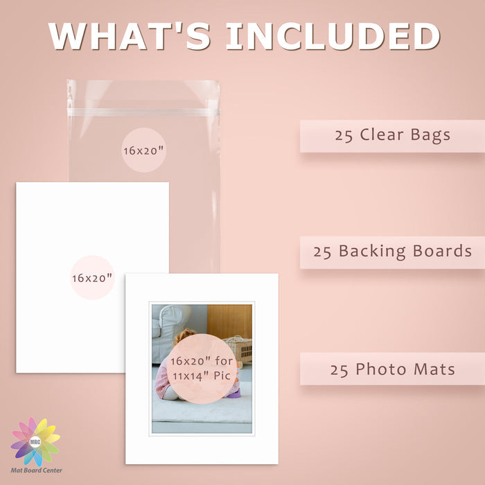 25 Pack 16x20 Economy Pre-Cut Double Mat For 11x14 Photo + Backing + Bag