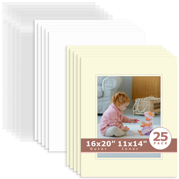25 Pack 16x20 Economy Pre-Cut Double Mat For 11x14 Photo + Backing + Bag Ivory Ivory