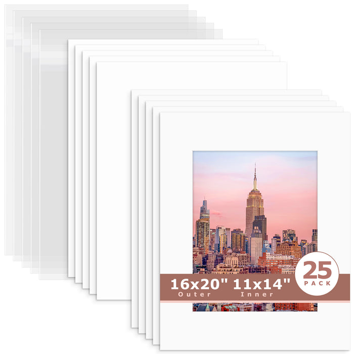 25 Pack 16x20 Whitecore Economy Pre-Cut Mat + Backing + Bag 11x14 (exact opening 10.5x13.5) N502 Off White