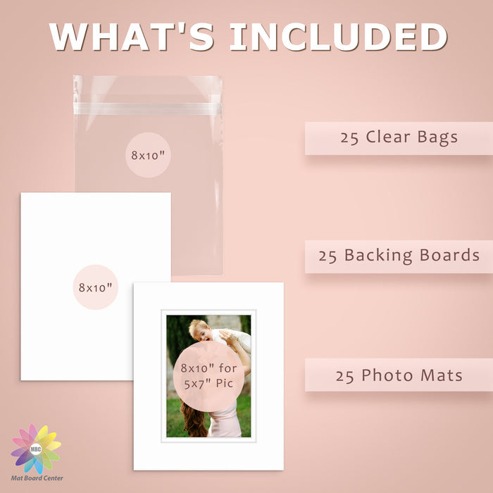 25 Pack 8x10 Double Mat For 5x7 Photos + Backing + Bag
