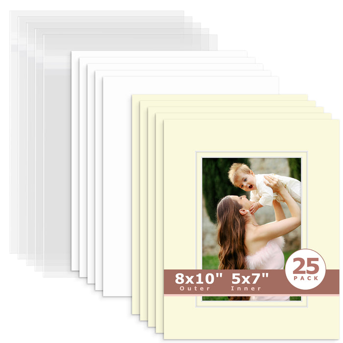 25 Pack 8x10 Double Mat For 5x7 Photos + Backing + Bag Ivory Ivory
