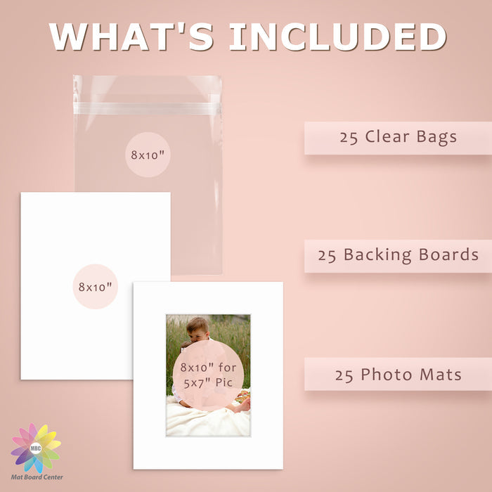 25 Pack 8x10 Whitecore Economy Pre-Cut Mat Board + Backing + Bag