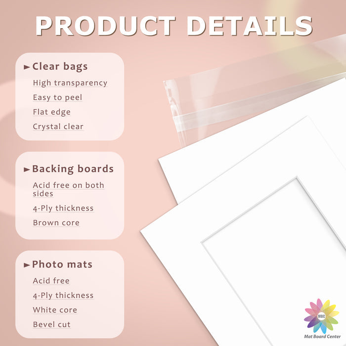 25 Pack 8x10 Whitecore Economy Pre-Cut Mat Board + Backing + Bag