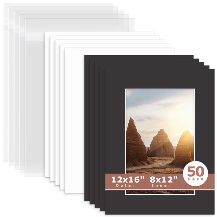 50 Pack 12x16 Picture Mats For 8x12 Photos + Backing + Bag N142 Black