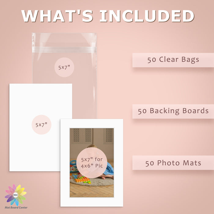 50 Pack 5x7 Whitecore Economy Pre-Cut Mat For 4x6 Picture + Backing + Bag
