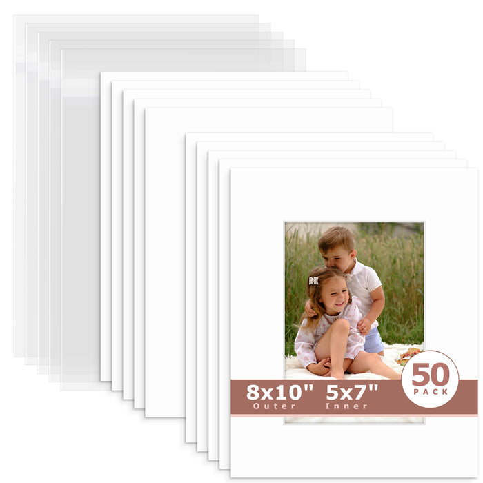 50 Pack 8x10 Whitecore Economy Pre-Cut Mat Board + Backing + Bag 5x7 (4.5x6.5 exact opening) N501 White