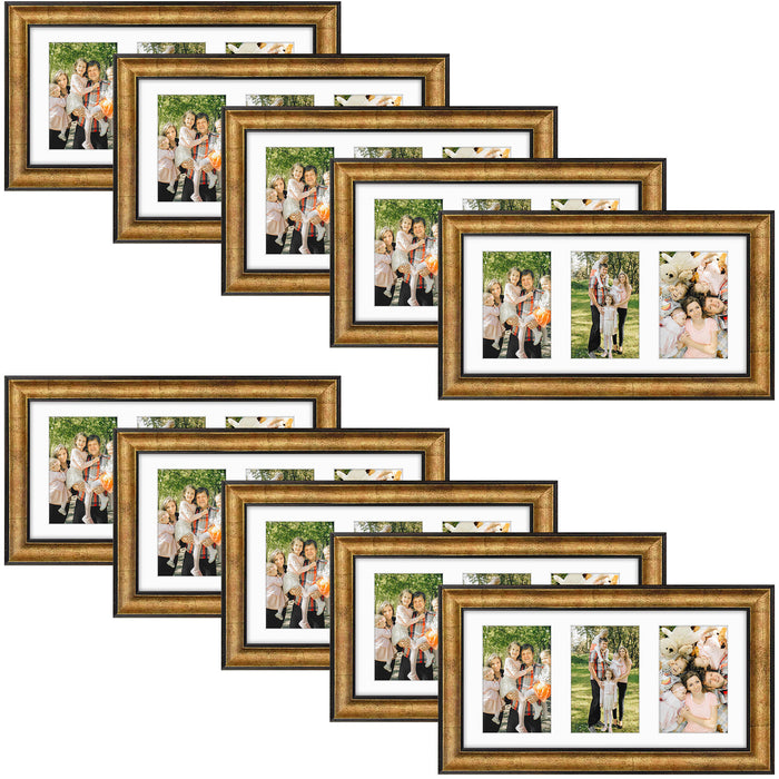 7x14 Collage Picture Frame Displays Three 4x6 Pictures Antique Gold Color (10 Pcs per Box)