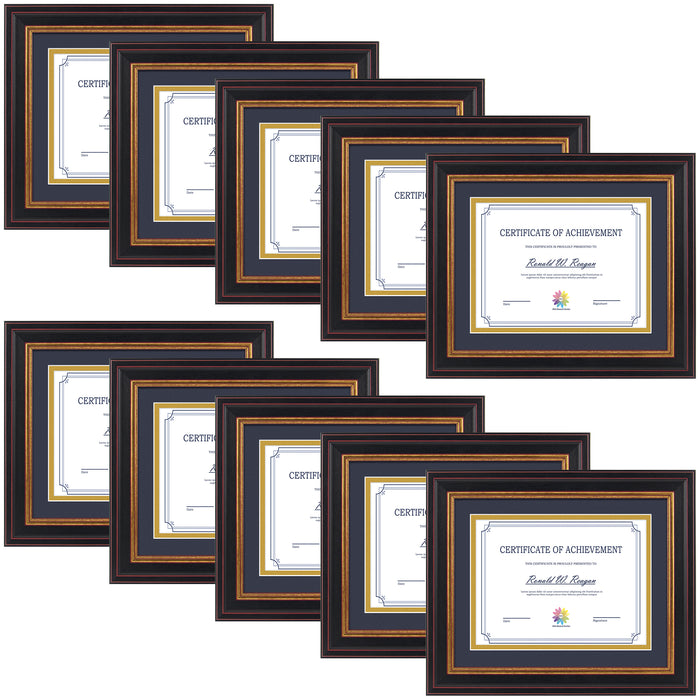 8x10 Diploma Frame for 6x8 with Double Mat and Real Glass Black Gold & Burgundy (10 Pcs per Box) Navy Blue over Gold Mat
