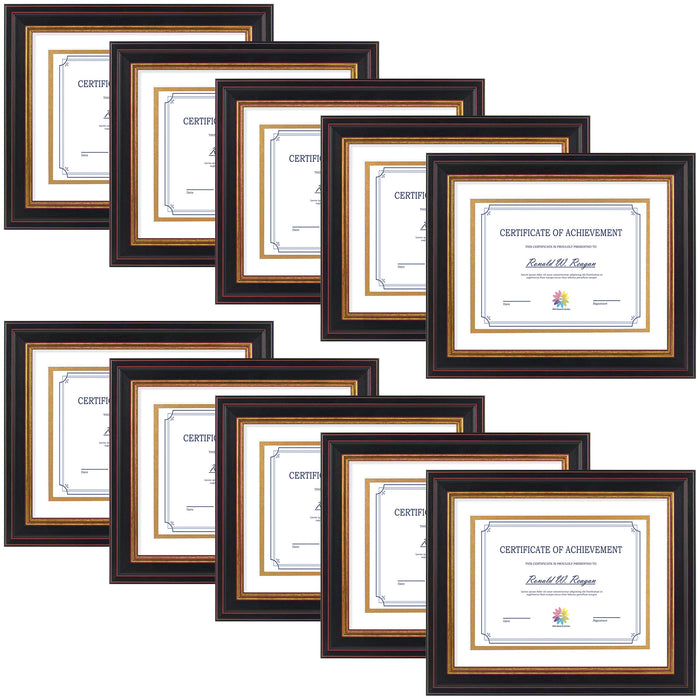 8x10 Diploma Frame for 6x8 with Double Mat and Real Glass Black Gold & Burgundy (10 Pcs per Box) White over Black Mat