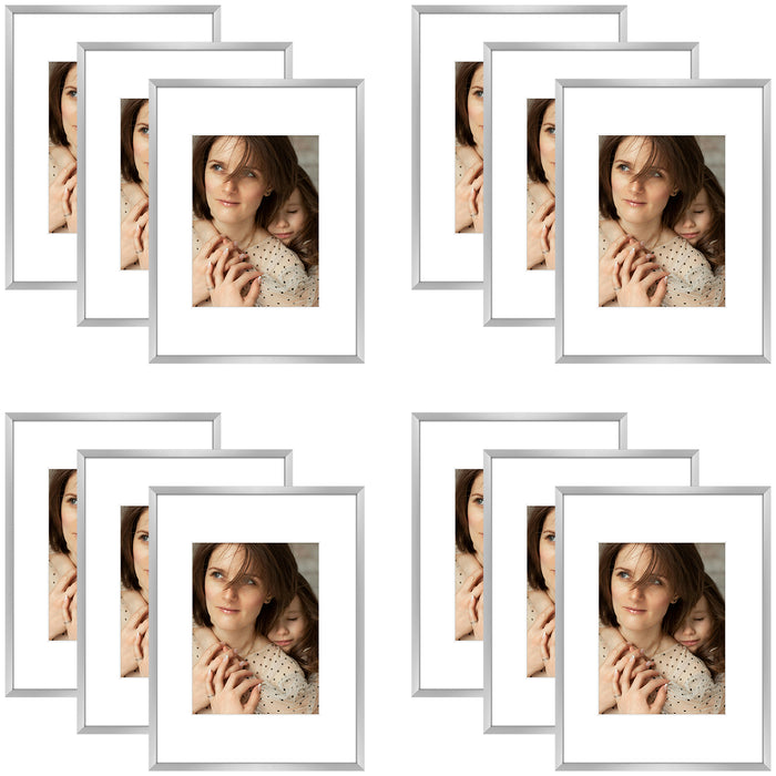 9x12 Metal Picture Frame for 6x8 Photo with White Mat and Real Glass (12 Pcs per Box) Silver