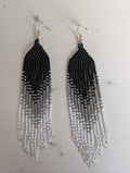 Beaded Ombre Fringe Earrings in black, grey & white