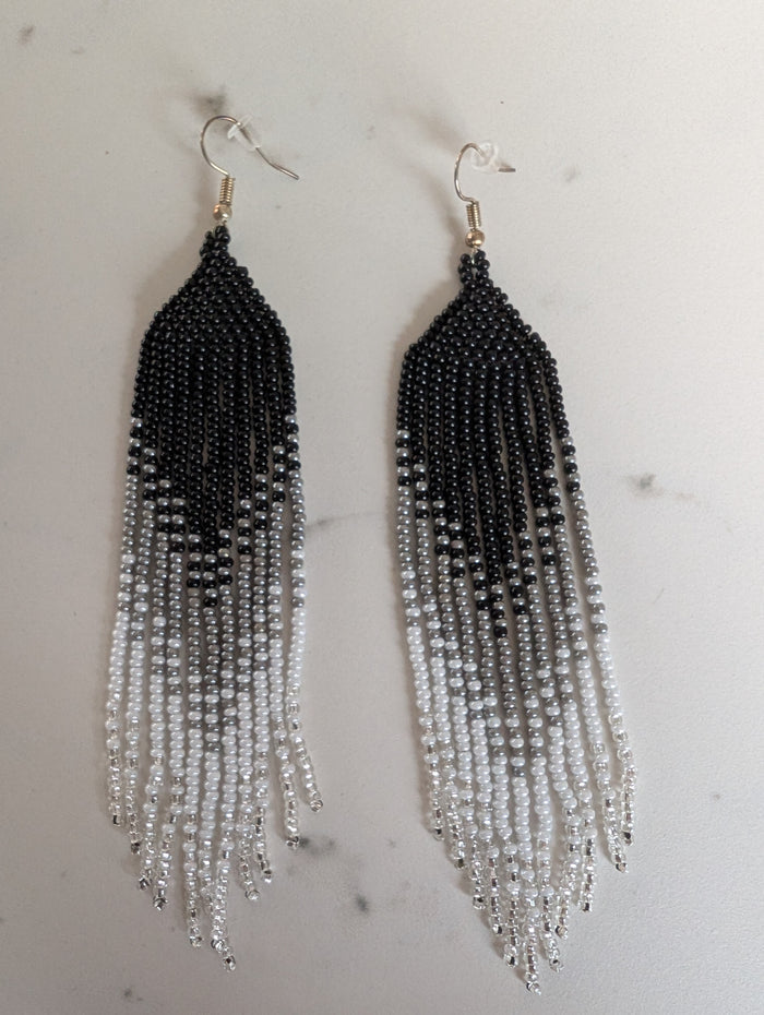 Beaded Ombre Fringe Earrings in black, grey & white