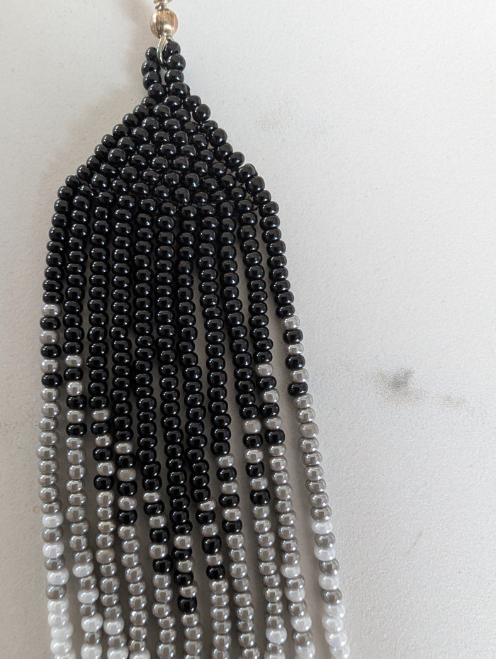 Beaded Ombre Fringe Earrings in black, grey & white