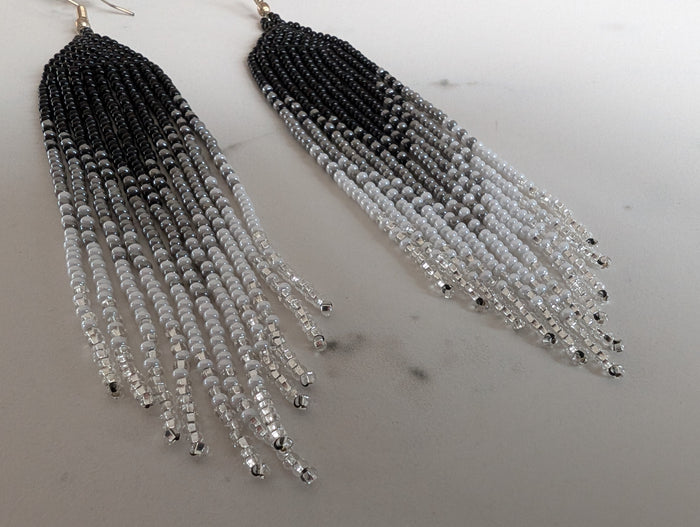 Beaded Ombre Fringe Earrings in black, grey & white