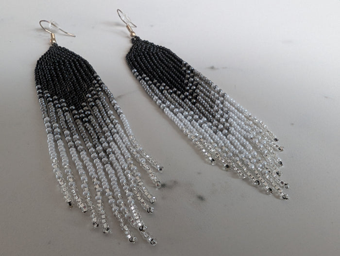 Beaded Ombre Fringe Earrings in black, grey & white