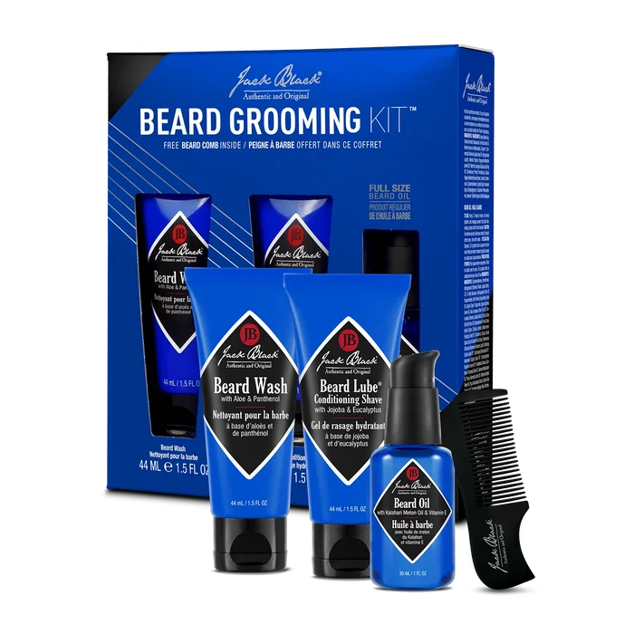Jack Black beard grooming kit with various products and packaging on a white background