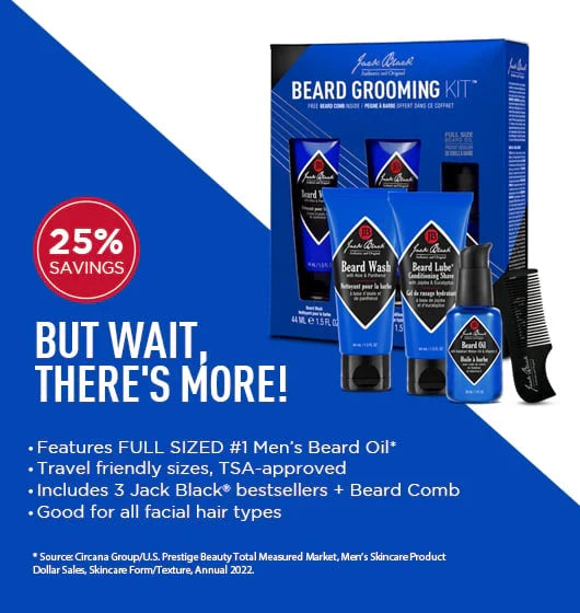 Jack Black beard grooming kit with products and packaging on a blue background
