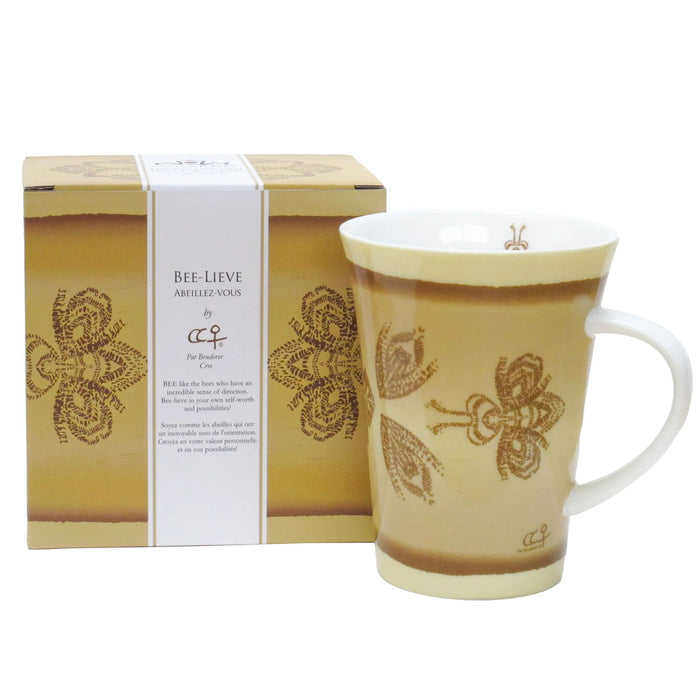 Bee-Lieve 10 oz porcelain mug with box featuring Indigenous artwork by Cree artist Pat Bruderer.
