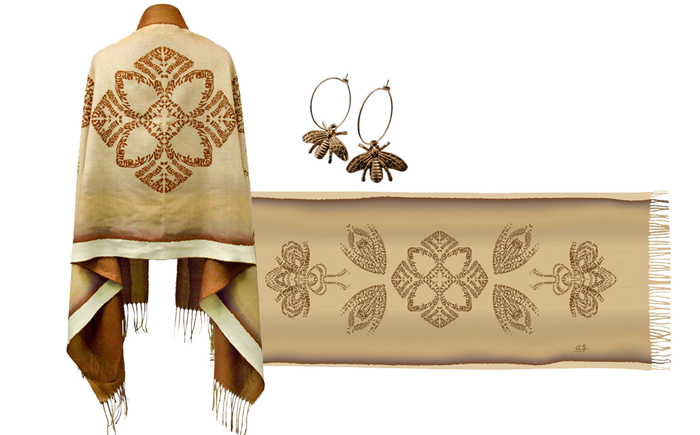 Bee-Lieve indigenous art shawl by Pat Bruderer Canada