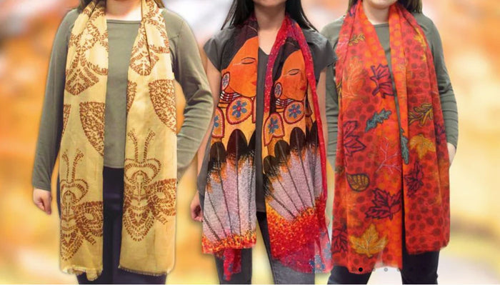 Bee-Lieve Eco Scarf design by Cree artist, Pat Bruderer indigenous art shawl by Pat Bruderer Canada