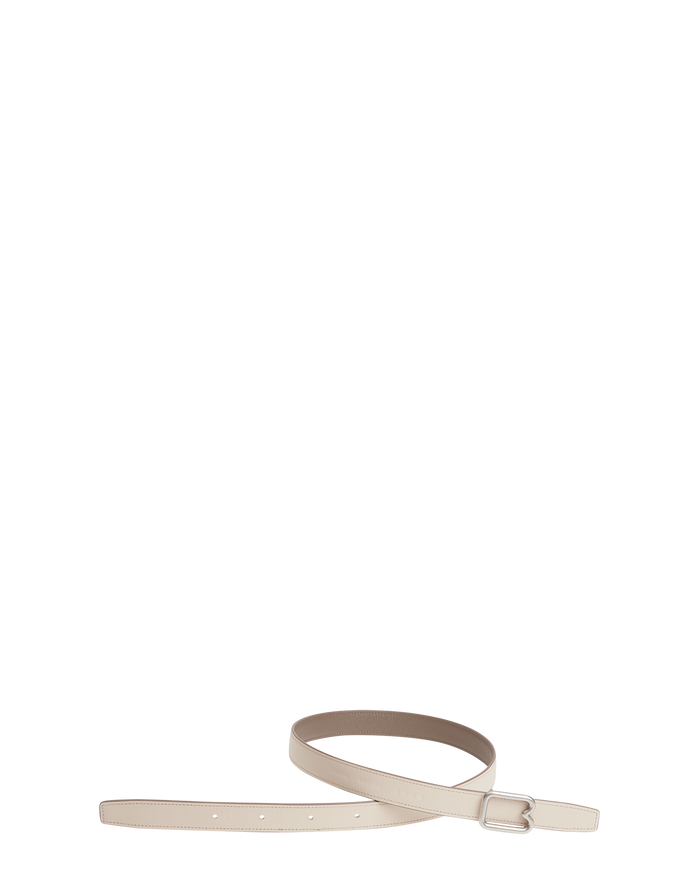 A reversible BOYY calfskin leather belt, one side linen and the other walnut, featuring a removable signature brass B-shaped buckle