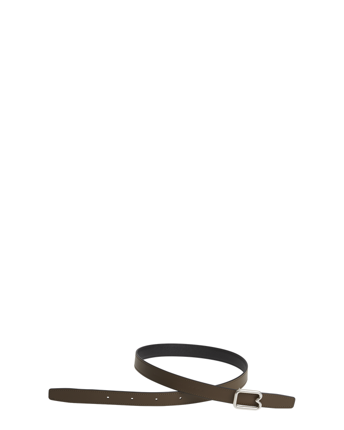 A reversible BOYY calfskin leather belt, one side toffee and the other black, featuring a removable signature brass B-shaped buckle