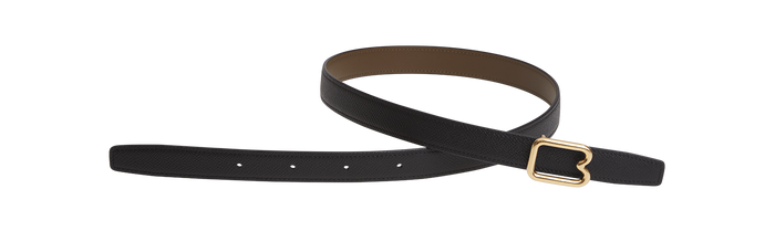 A reversible BOYY calfskin leather belt, one side toffee and the other black, featuring a removable signature brass B-shaped buckle