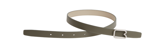 A reversible BOYY calfskin leather belt, one side kalamata and the other gres, featuring a removable signature brass B-shaped buckle