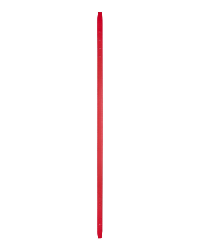 A reversible BOYY calfskin leather belt, one side poppy red and the other hummus, featuring a removable signature brass B-shaped buckle