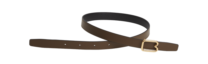 A reversible BOYY calfskin leather belt, one side toffee and the other black, featuring a removable signature brass B-shaped buckle